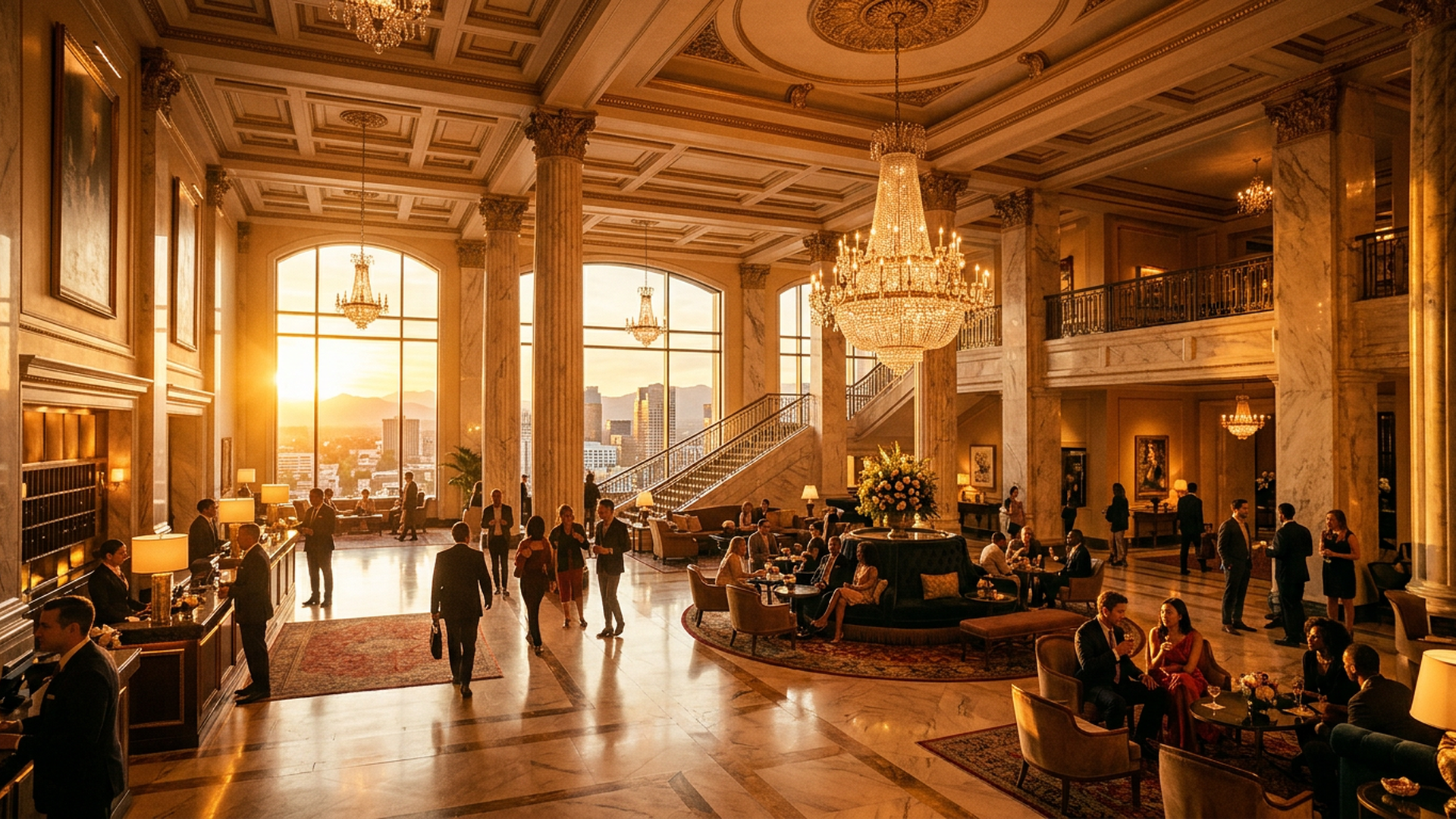 Luxury hotel lobby at sunset